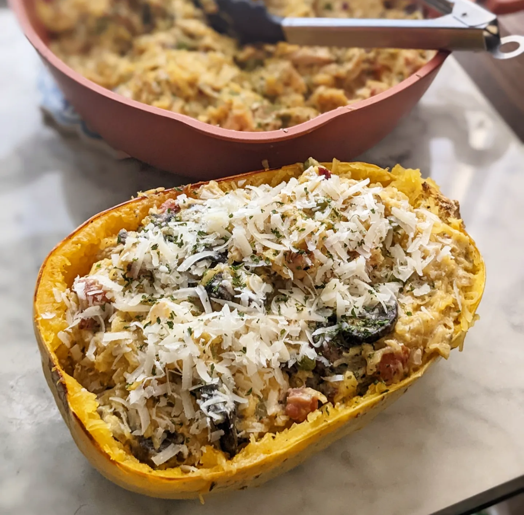 Keto Spaghetti Squash with Chicken, Pancetta, Mushrooms and Peas